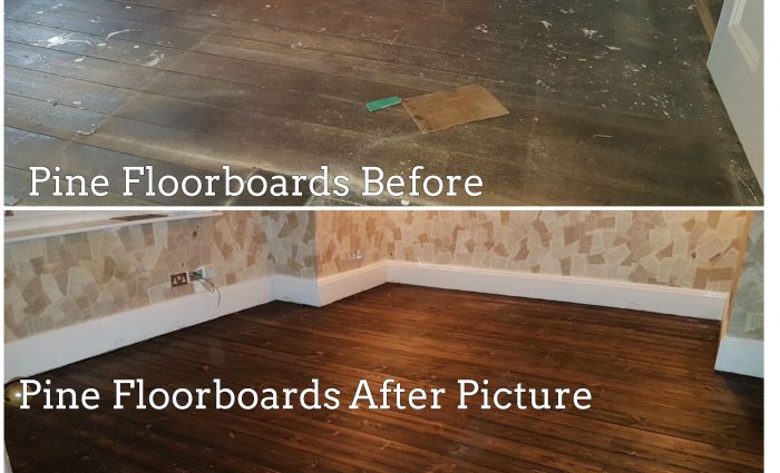 Pine Floorboards Sanded, Stained and Oiled Before and After Picture